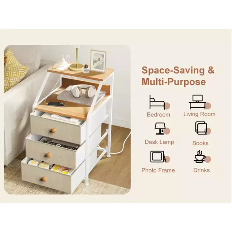 Table de chevet moderne à 2 étagères et 3 tiroirs avec station de charge, Gris-taupe
