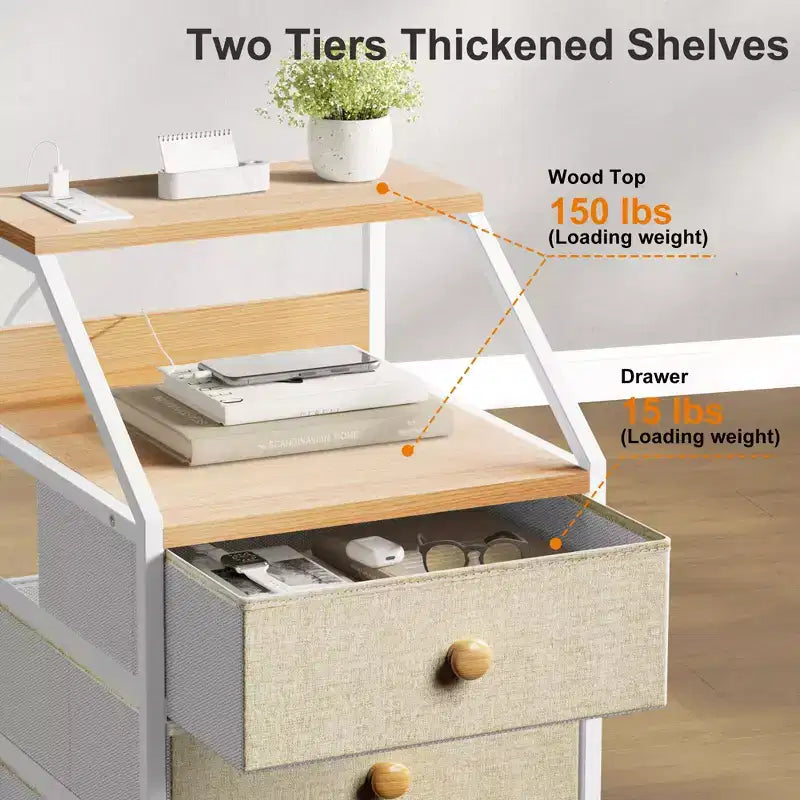 Table de chevet moderne à 2 étagères et 3 tiroirs avec station de charge, Gris-taupe