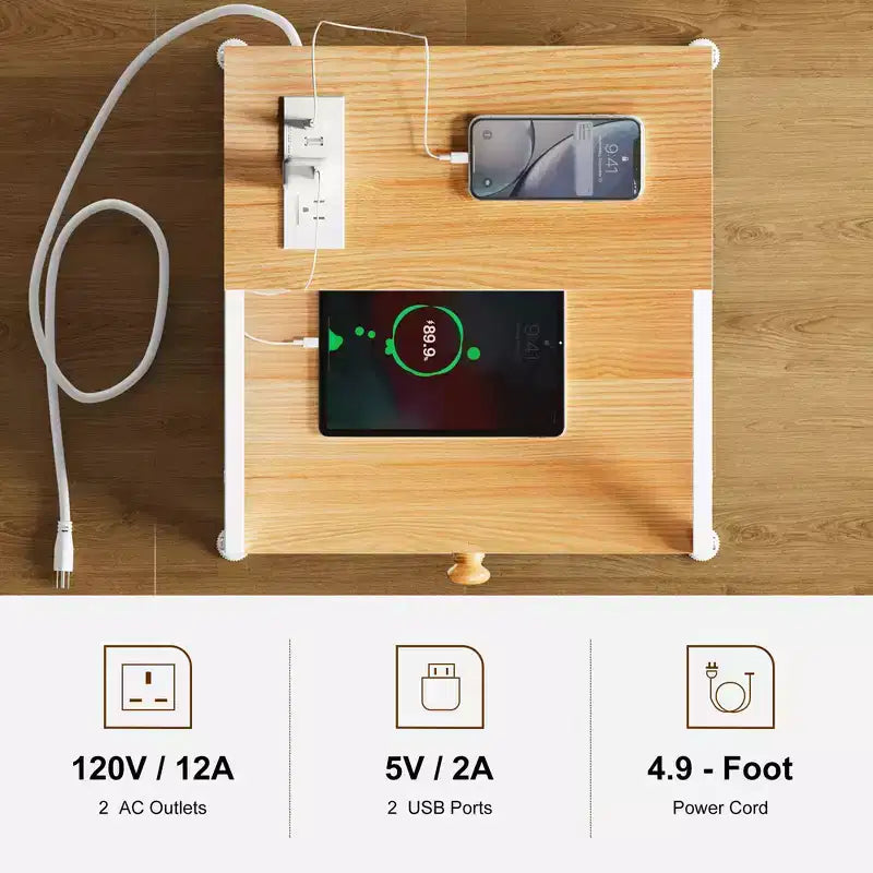 Table de chevet moderne à 2 étagères et 3 tiroirs avec station de charge, Gris-taupe