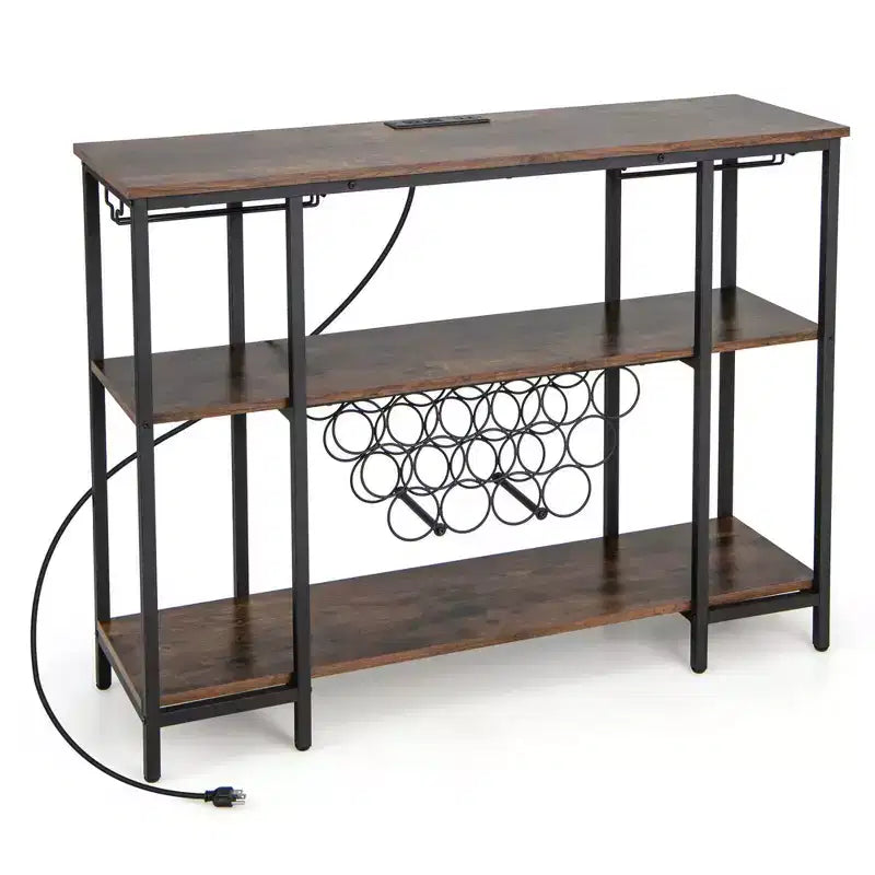 Table de bar-meuble à vin avec porte-verres, casiers à bouteilles et prises de courant Marron/Gris