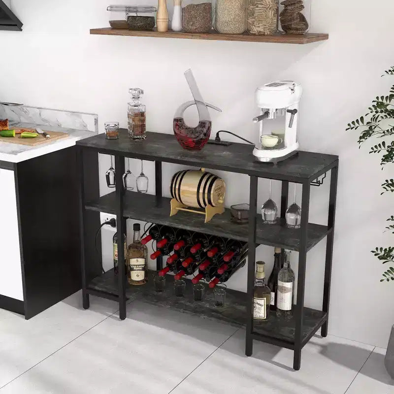 Table de bar-meuble à vin avec porte-verres, casiers à bouteilles et prises de courant Marron/Gris