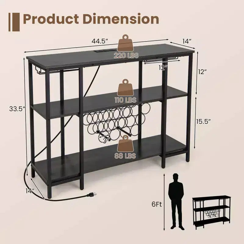 Table de bar-meuble à vin avec porte-verres, casiers à bouteilles et prises de courant Marron/Gris