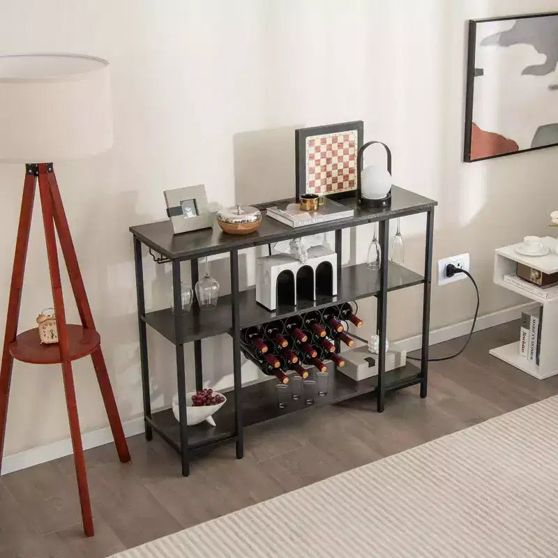 Table de bar-meuble à vin avec porte-verres, casiers à bouteilles et prises de courant Marron/Gris