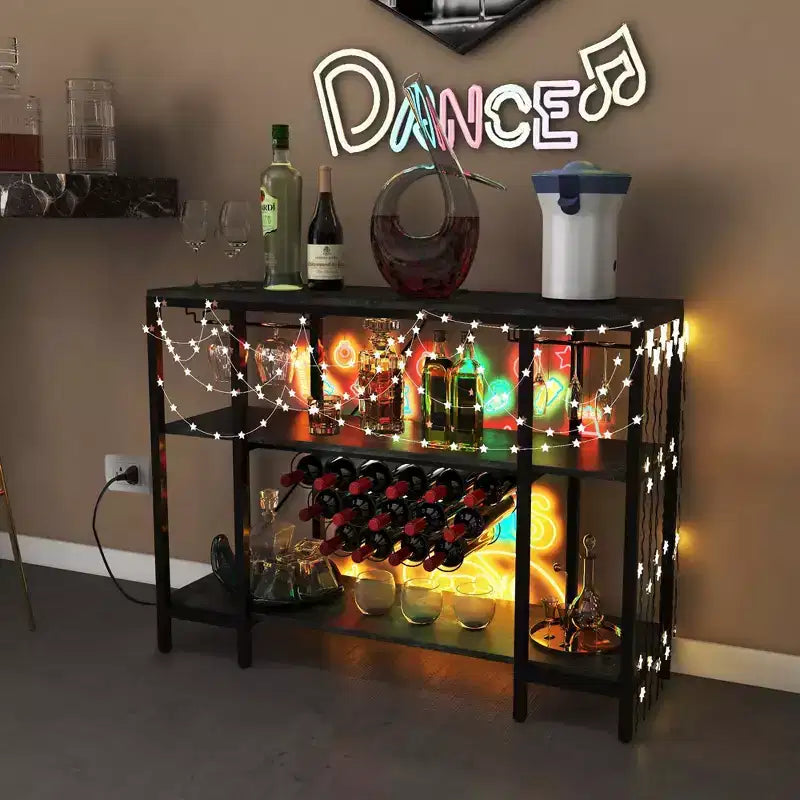 Table de bar-meuble à vin avec porte-verres, casiers à bouteilles et prises de courant Marron/Gris