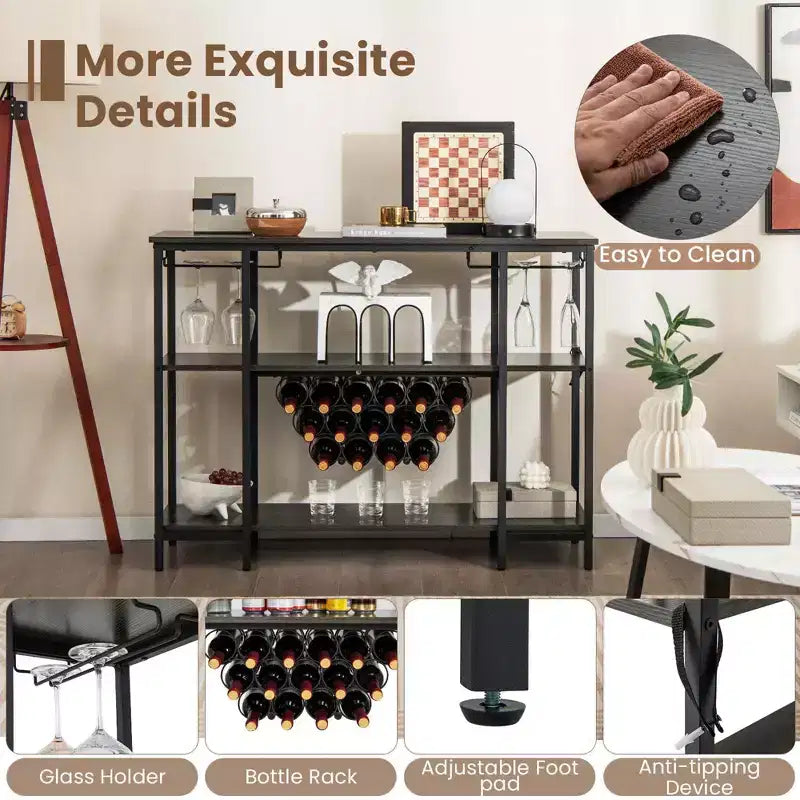 Table de bar-meuble à vin avec porte-verres, casiers à bouteilles et prises de courant Marron/Gris
