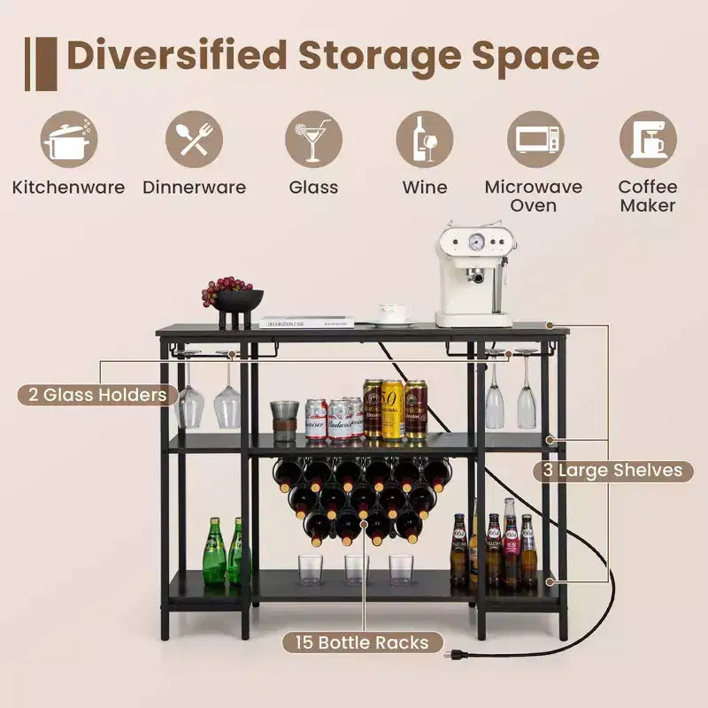Table de bar-meuble à vin avec porte-verres, casiers à bouteilles et prises de courant Marron/Gris