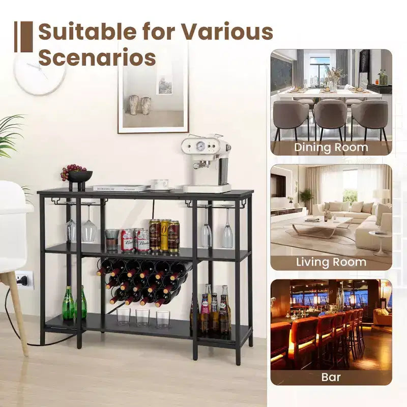 Table de bar-meuble à vin avec porte-verres, casiers à bouteilles et prises de courant Marron/Gris