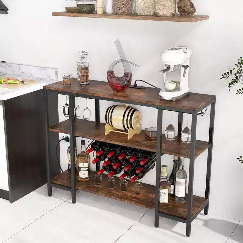 Table de bar-meuble à vin avec porte-verres, casiers à bouteilles et prises de courant Marron/Gris