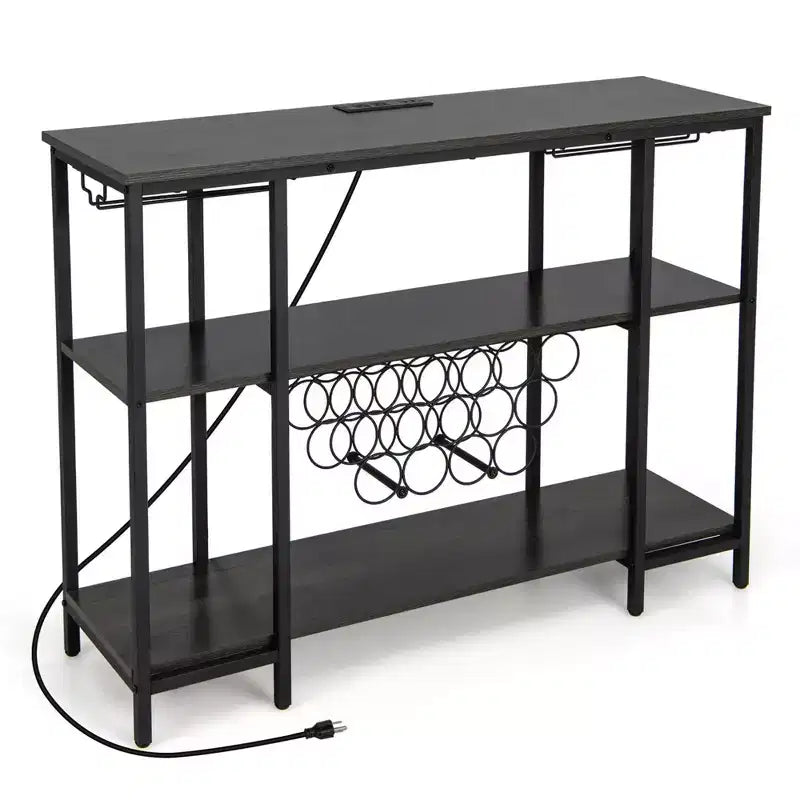 Table de bar-meuble à vin avec porte-verres, casiers à bouteilles et prises de courant Marron/Gris