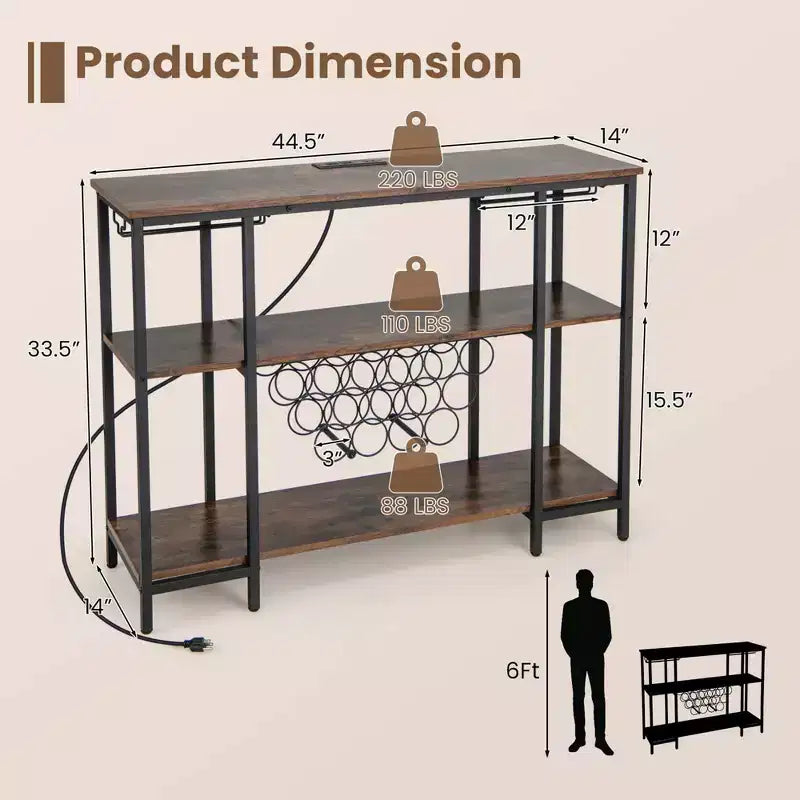Table de bar-meuble à vin avec porte-verres, casiers à bouteilles et prises de courant Marron/Gris