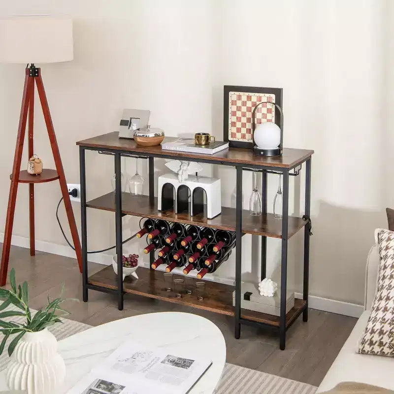 Table de bar-meuble à vin avec porte-verres, casiers à bouteilles et prises de courant Marron/Gris