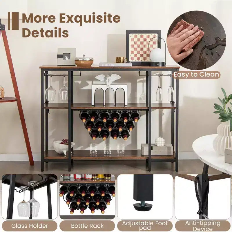 Table de bar-meuble à vin avec porte-verres, casiers à bouteilles et prises de courant Marron/Gris