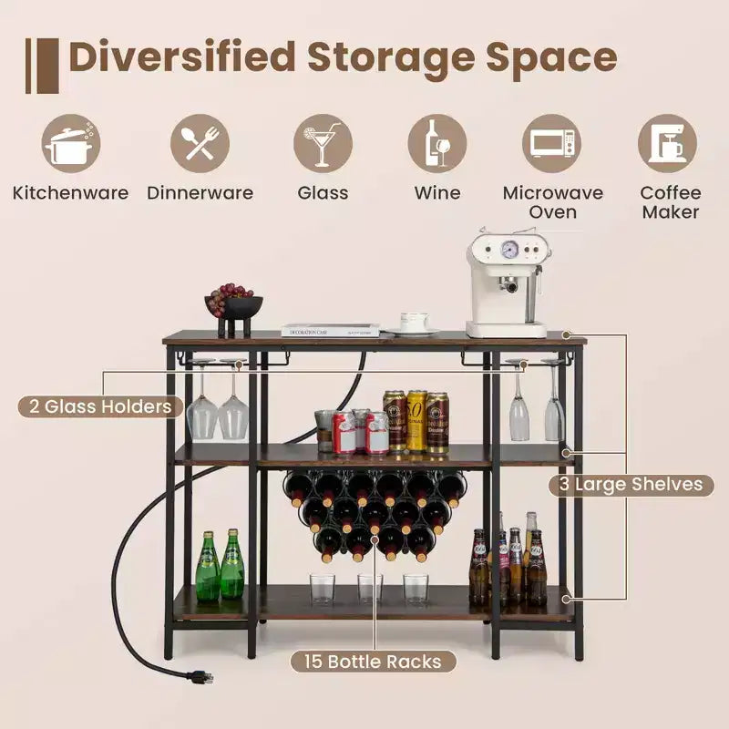 Table de bar-meuble à vin avec porte-verres, casiers à bouteilles et prises de courant Marron/Gris