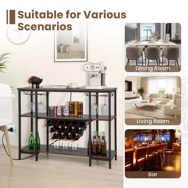 Table de bar-meuble à vin avec porte-verres, casiers à bouteilles et prises de courant Marron/Gris