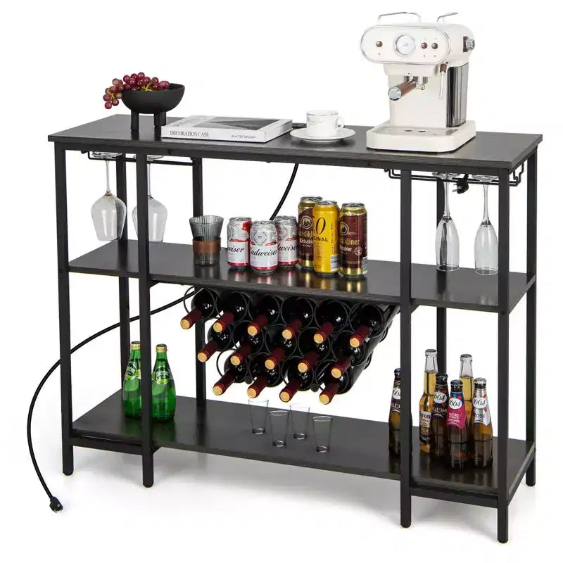 Table de bar-meuble à vin avec porte-verres, casiers à bouteilles et prises de courant Marron/Gris