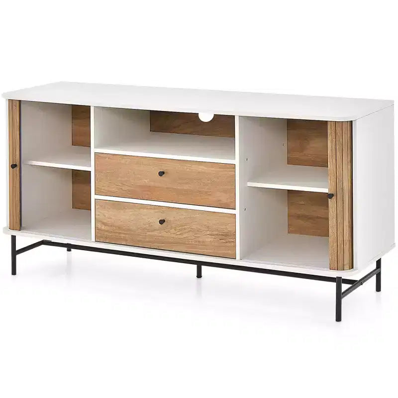 Buffet Vaisselier Meuble TV avec Portes Coulissantes à Rideau et 2 Tiroirs de Rangement