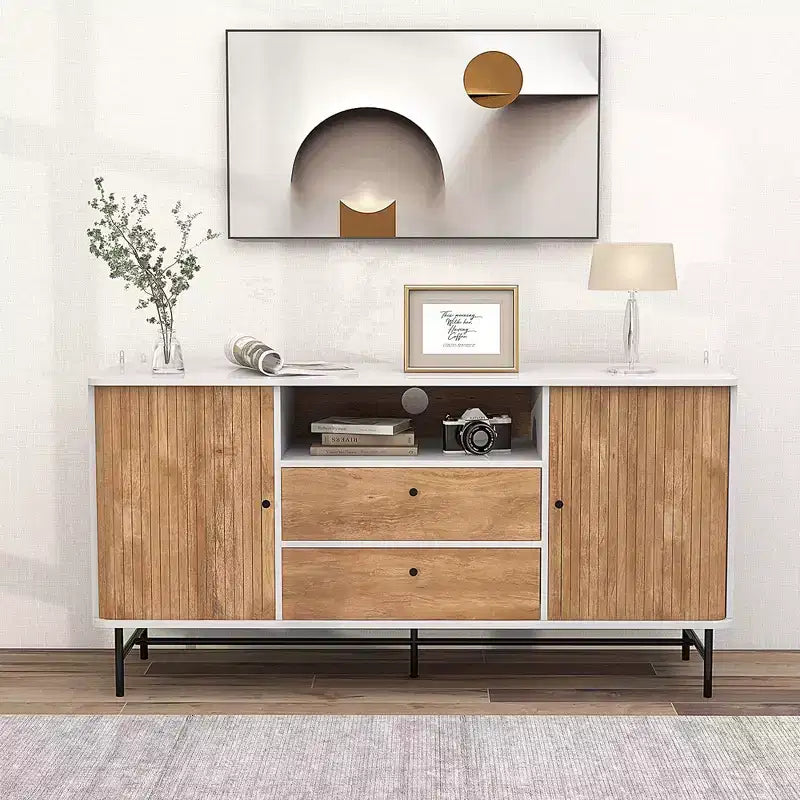 Buffet Vaisselier Meuble TV avec Portes Coulissantes à Rideau et 2 Tiroirs de Rangement
