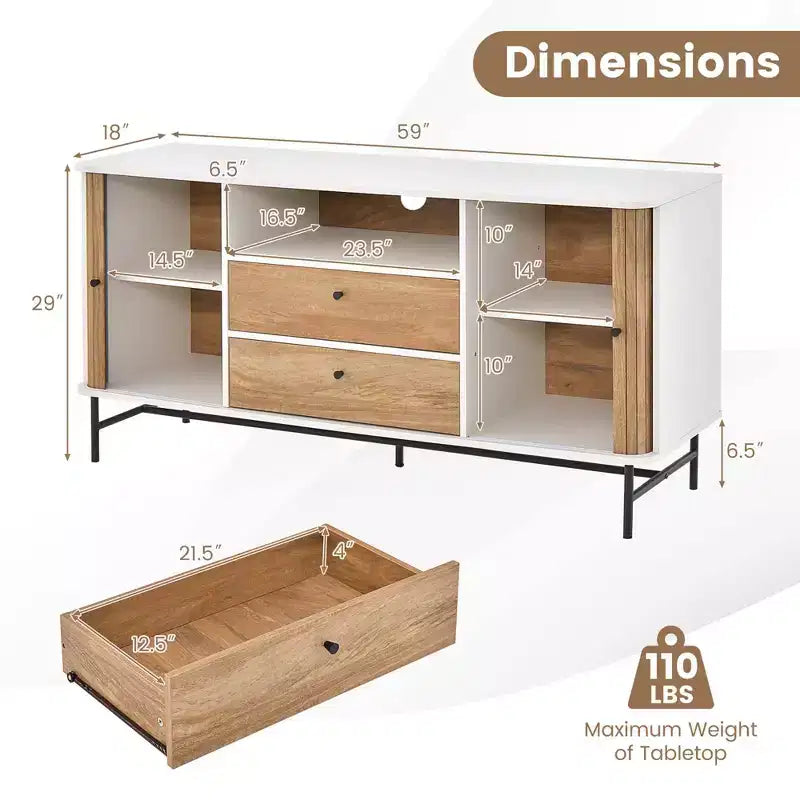 Buffet Vaisselier Meuble TV avec Portes Coulissantes à Rideau et 2 Tiroirs de Rangement