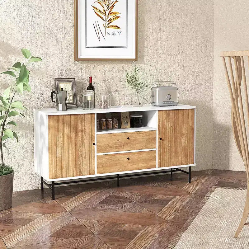Buffet Vaisselier Meuble TV avec Portes Coulissantes à Rideau et 2 Tiroirs de Rangement