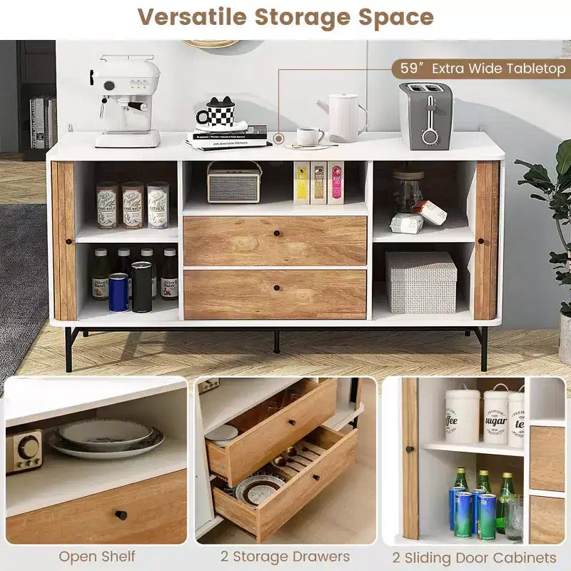 Buffet Vaisselier Meuble TV avec Portes Coulissantes à Rideau et 2 Tiroirs de Rangement
