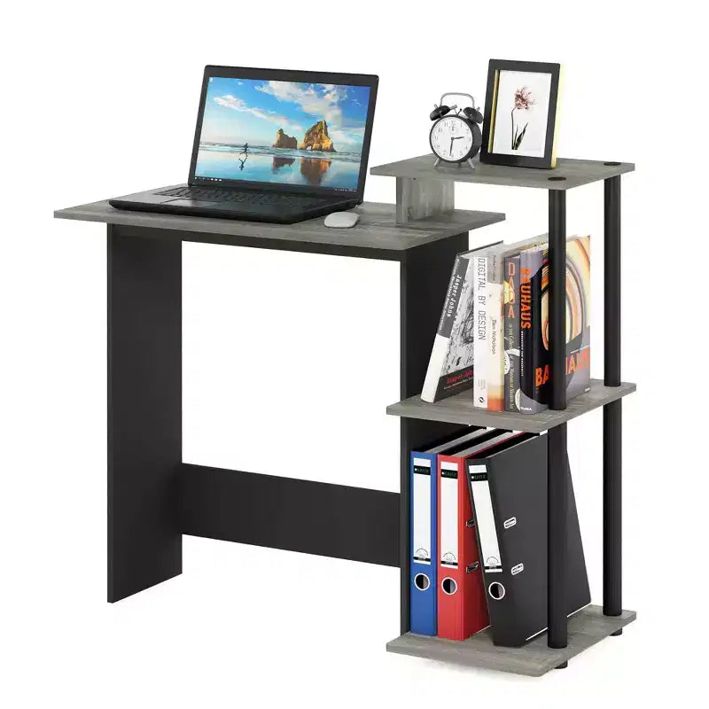 Bureau d'ordinateur moderne avec support pour unité centrale et étagère de rangement ouverte, chêne gris/noir