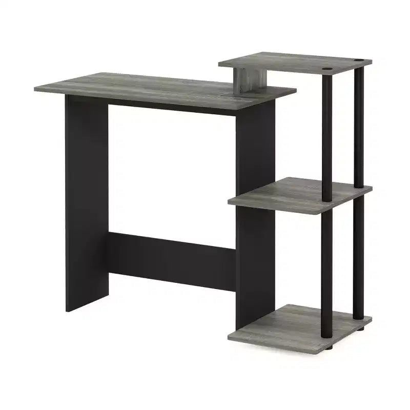 Bureau d'ordinateur moderne avec support pour unité centrale et étagère de rangement ouverte, chêne gris/noir