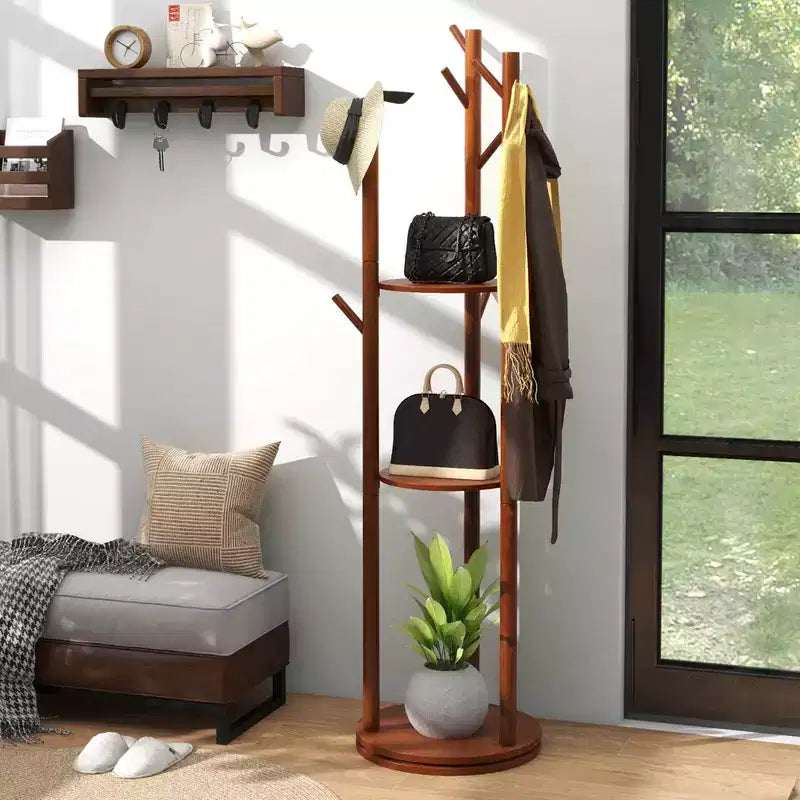 Porte-manteau sur pied en bois rotatif à 360° avec 3 étagères et 9 crochets