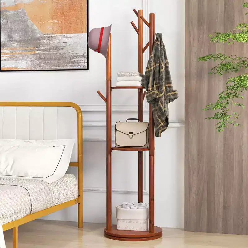 Porte-manteau sur pied en bois rotatif à 360° avec 3 étagères et 9 crochets