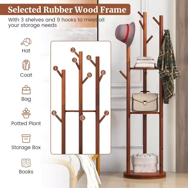 Porte-manteau sur pied en bois rotatif à 360° avec 3 étagères et 9 crochets