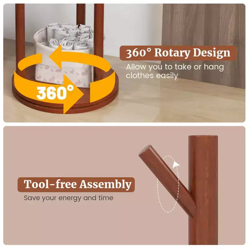 Porte-manteau sur pied en bois rotatif à 360° avec 3 étagères et 9 crochets