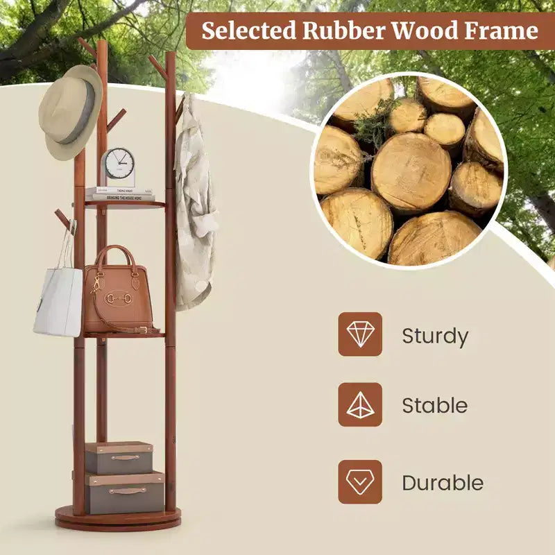 Porte-manteau sur pied en bois rotatif à 360° avec 3 étagères et 9 crochets