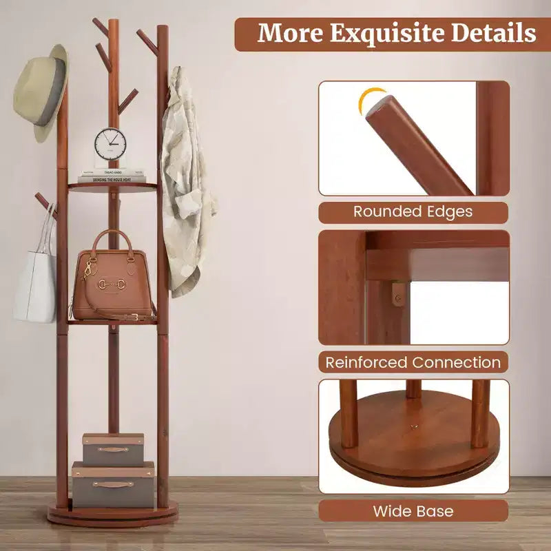 Porte-manteau sur pied en bois rotatif à 360° avec 3 étagères et 9 crochets