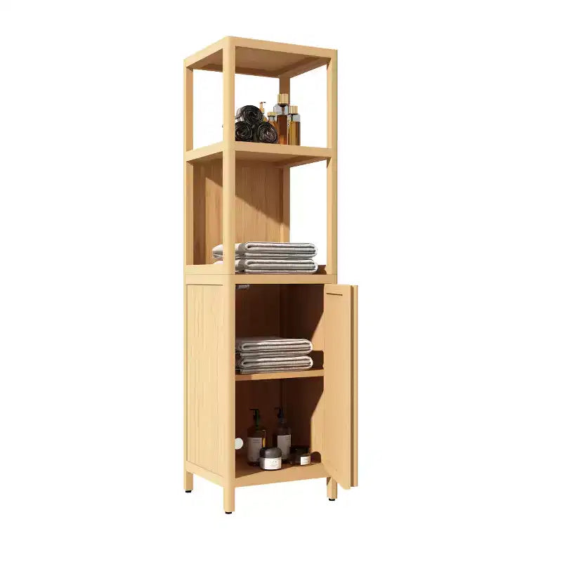 Armoire de salle de bain en bambou de 132 cm avec 2 étagères ouvertes et 1 porte Naturel