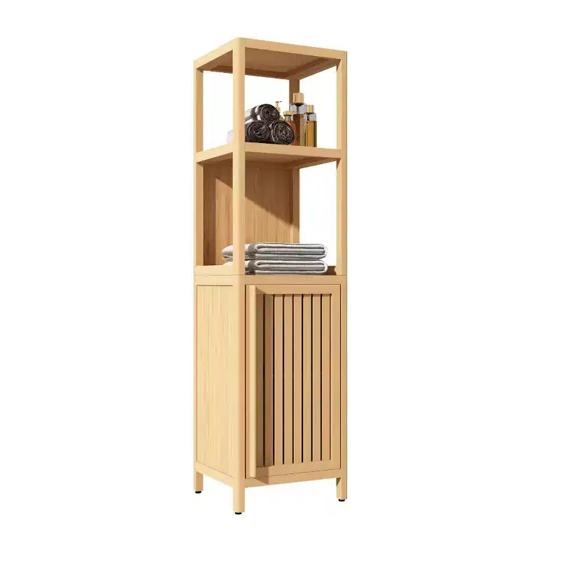 Armoire de salle de bain en bambou de 132 cm avec 2 étagères ouvertes et 1 porte Naturel