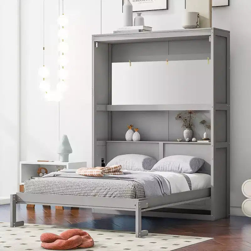 Lit escamotable grand/queen avec étagères intégrées blanc/gris