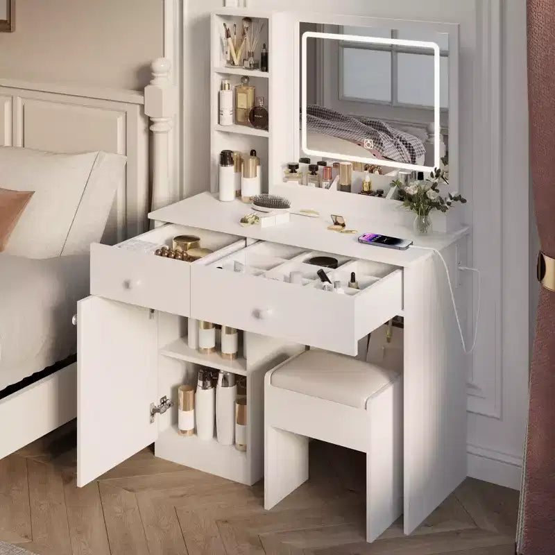 Coiffeuse de 90 cm avec 2 tiroirs, miroir LED et tabouret blanc