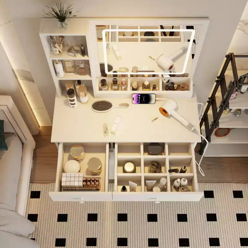 Coiffeuse de 90 cm avec 2 tiroirs, miroir LED et tabouret blanc