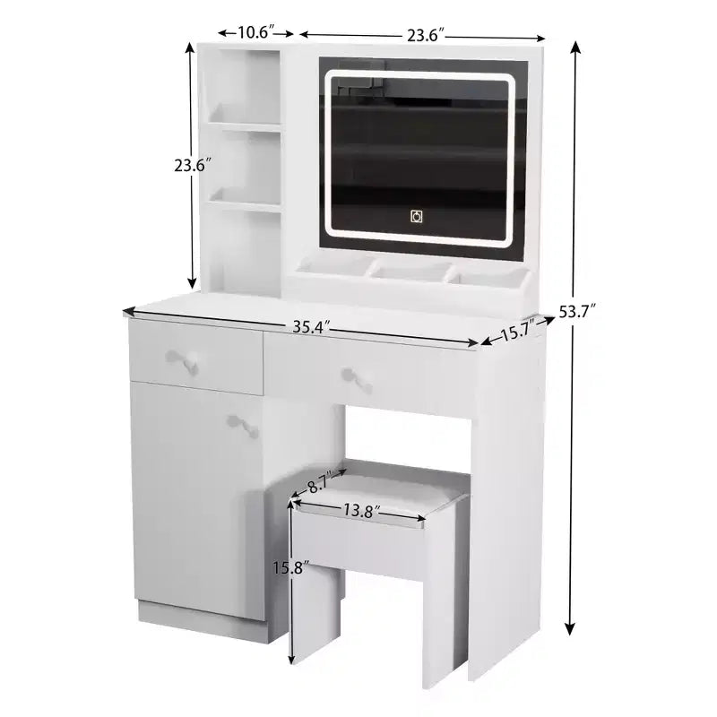 Coiffeuse de 90 cm avec 2 tiroirs, miroir LED et tabouret blanc