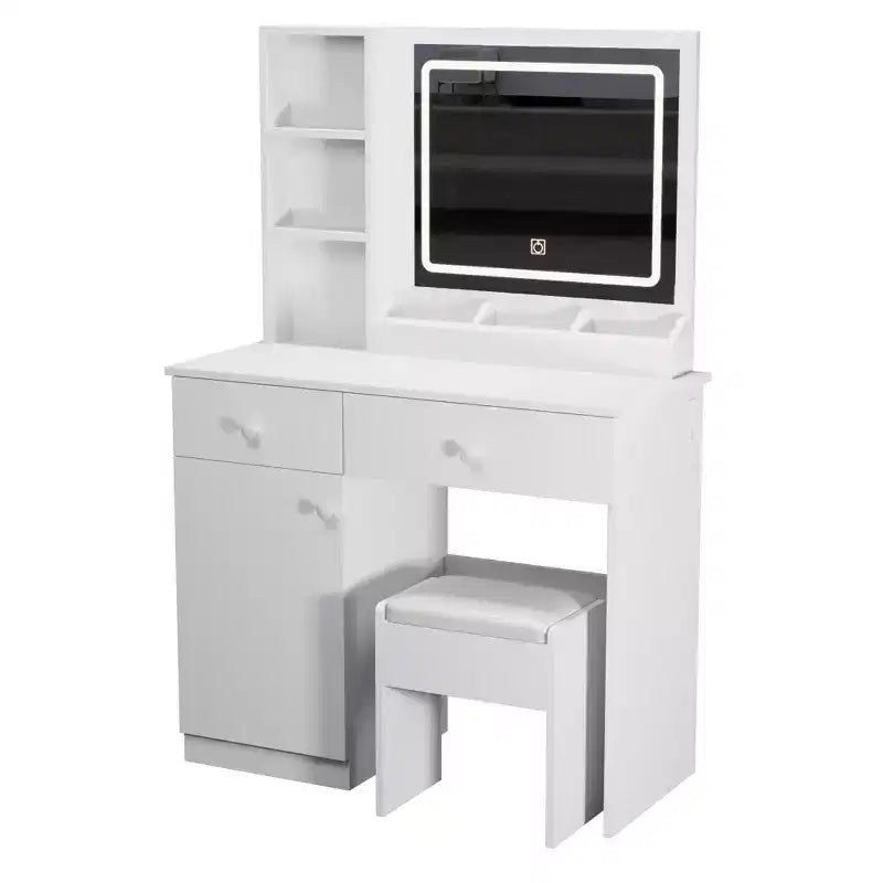 Coiffeuse de 90 cm avec 2 tiroirs, miroir LED et tabouret blanc