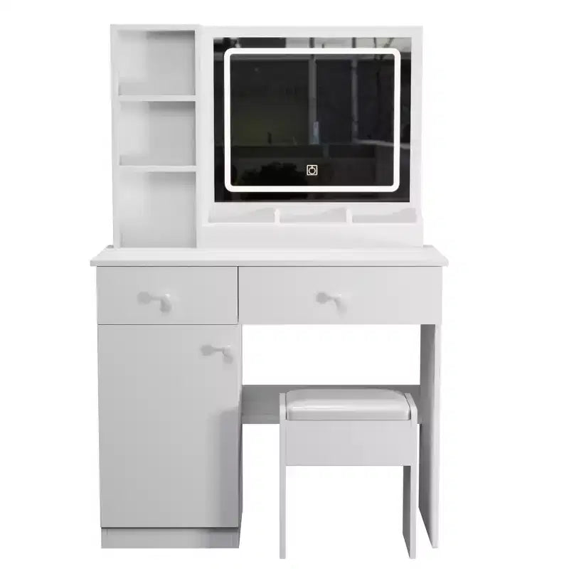 Coiffeuse de 90 cm avec 2 tiroirs, miroir LED et tabouret blanc