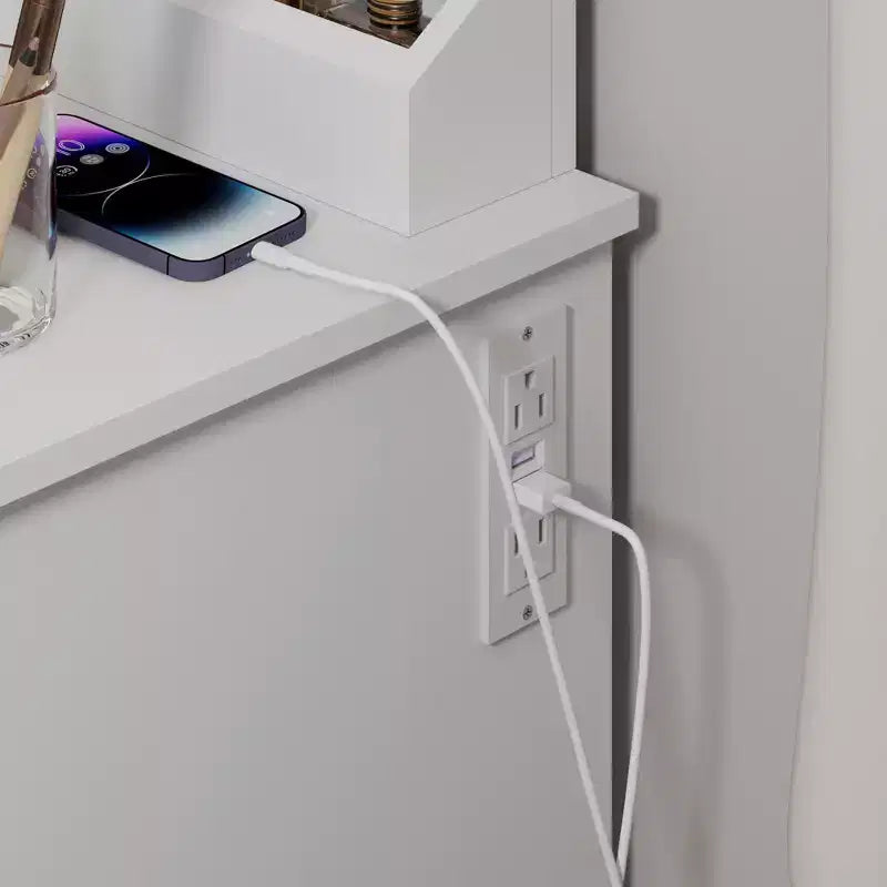 Coiffeuse de 90 cm avec 2 tiroirs, miroir LED et tabouret blanc
