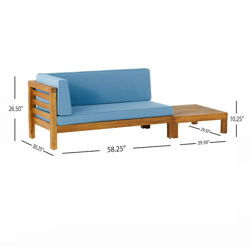 Causeuse d'extérieur Oana en bois d'acacia avec accoudoir gauche et table basse avec coussin par Christopher Knight Home