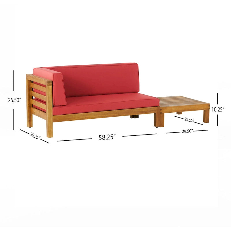 Causeuse d'extérieur Oana en bois d'acacia avec accoudoir gauche et table basse avec coussin par Christopher Knight Home