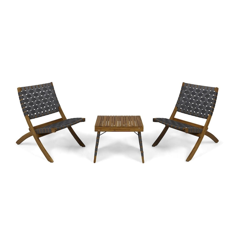 Ensemble de conversation d'extérieur pliable 2 places en bois d'acacia Huntsville avec détails en sangles, par Christopher Knight Home