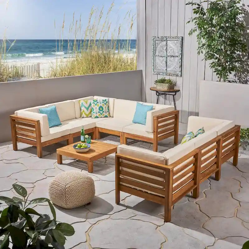 Oana, ensemble de canapés modulaires 9 pièces en bois d'acacia avec table basse, par Christopher Knight Home