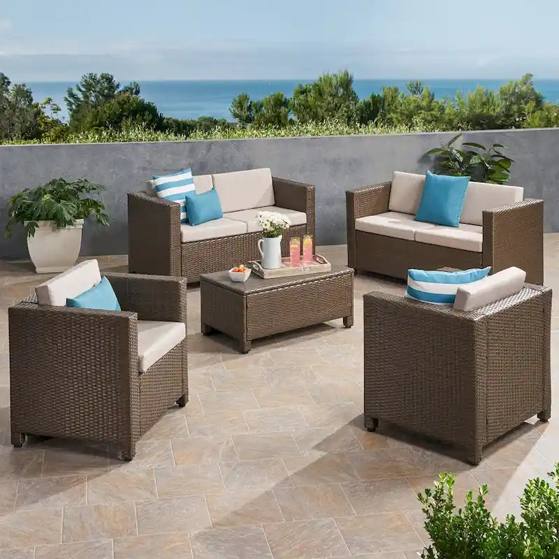 Ensemble de conversation de 5 pièces en osier/fer pour l'extérieur avec table basse par Christopher Knight Home