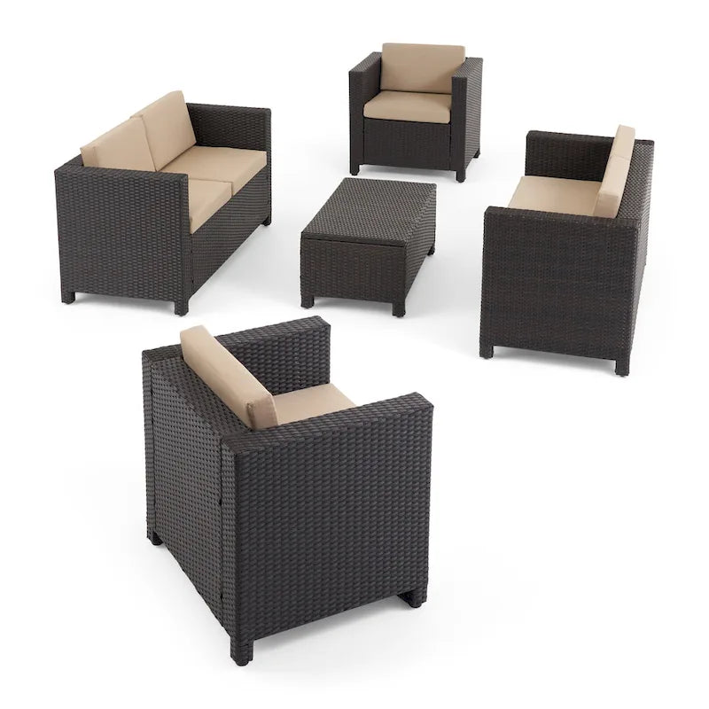 Ensemble de conversation de 5 pièces en osier/fer pour l'extérieur avec table basse par Christopher Knight Home
