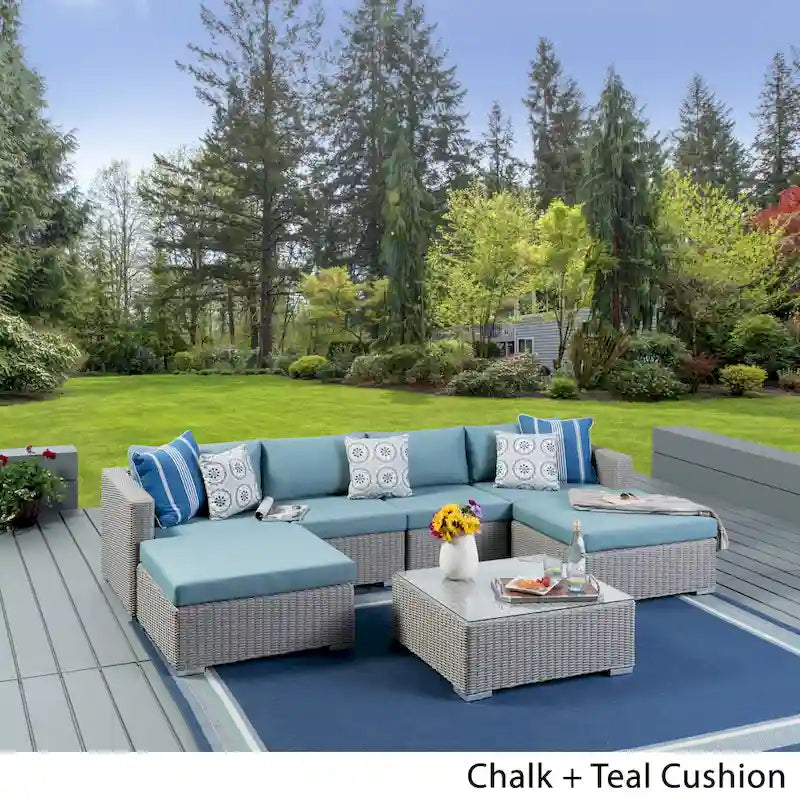 Ensemble de canapé d'angle en osier 7 pièces d'extérieur Santa Rosa avec coussins par Christopher Knight Home