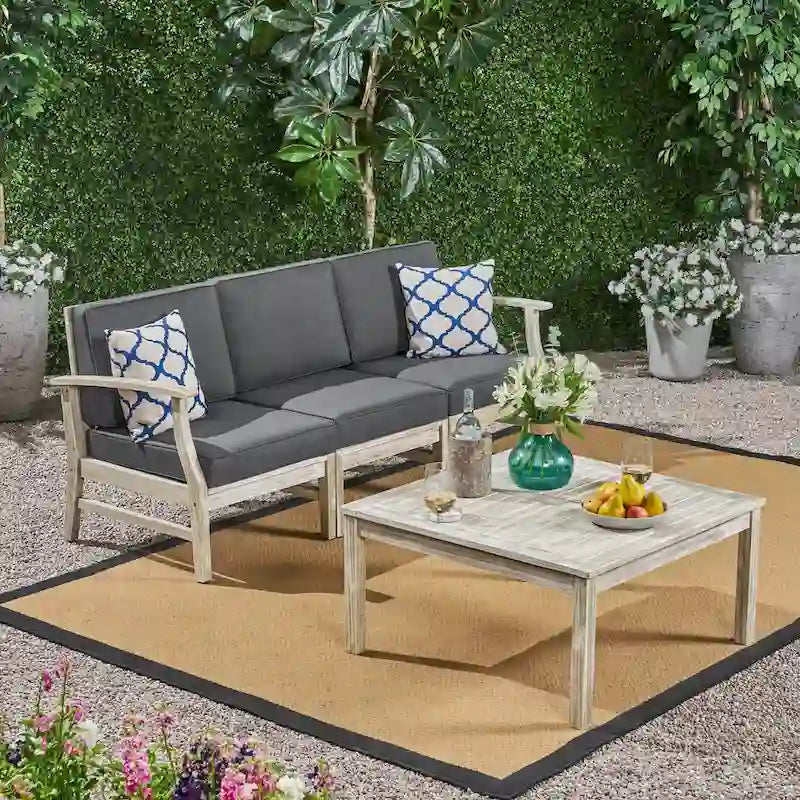 Canapé et table d'extérieur 4 pièces Perla en acacia avec coussins, par Christopher Knight Home
