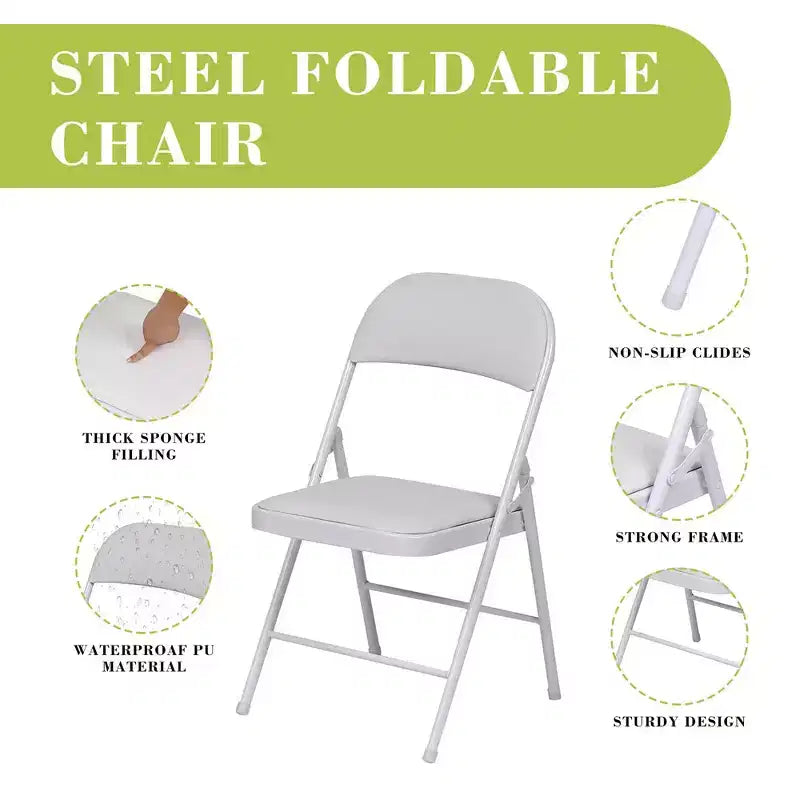 Lot de 4 chaises pliantes avec assise et dossier rembourrés en similicuir PU, structure en métal, capacité de 159 kg, blanches